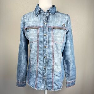 Southern Thread Denim Polka Dot Metal Snap Cotton Blend Shirt Women's Size Small